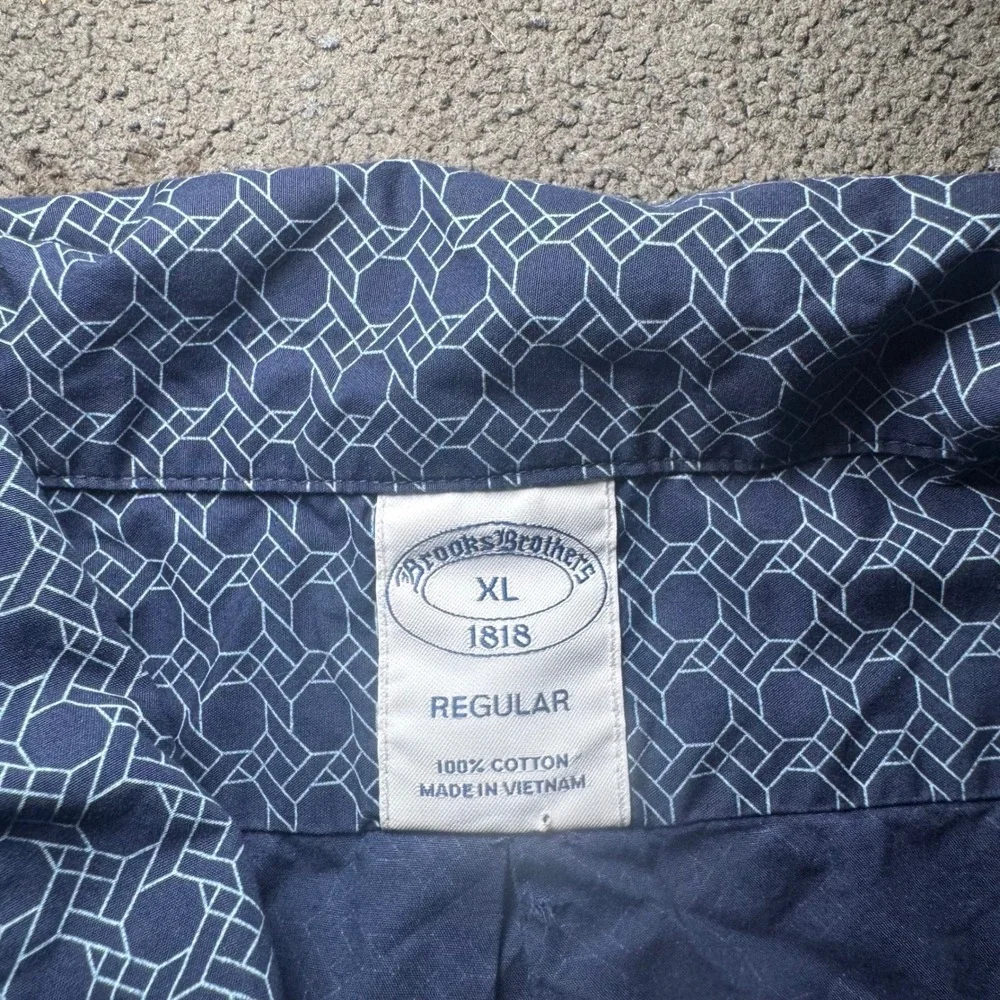 Brooks Brothers 1818 Mens XL Regular Navy Blue Geometric Print Cotton SS Shirt